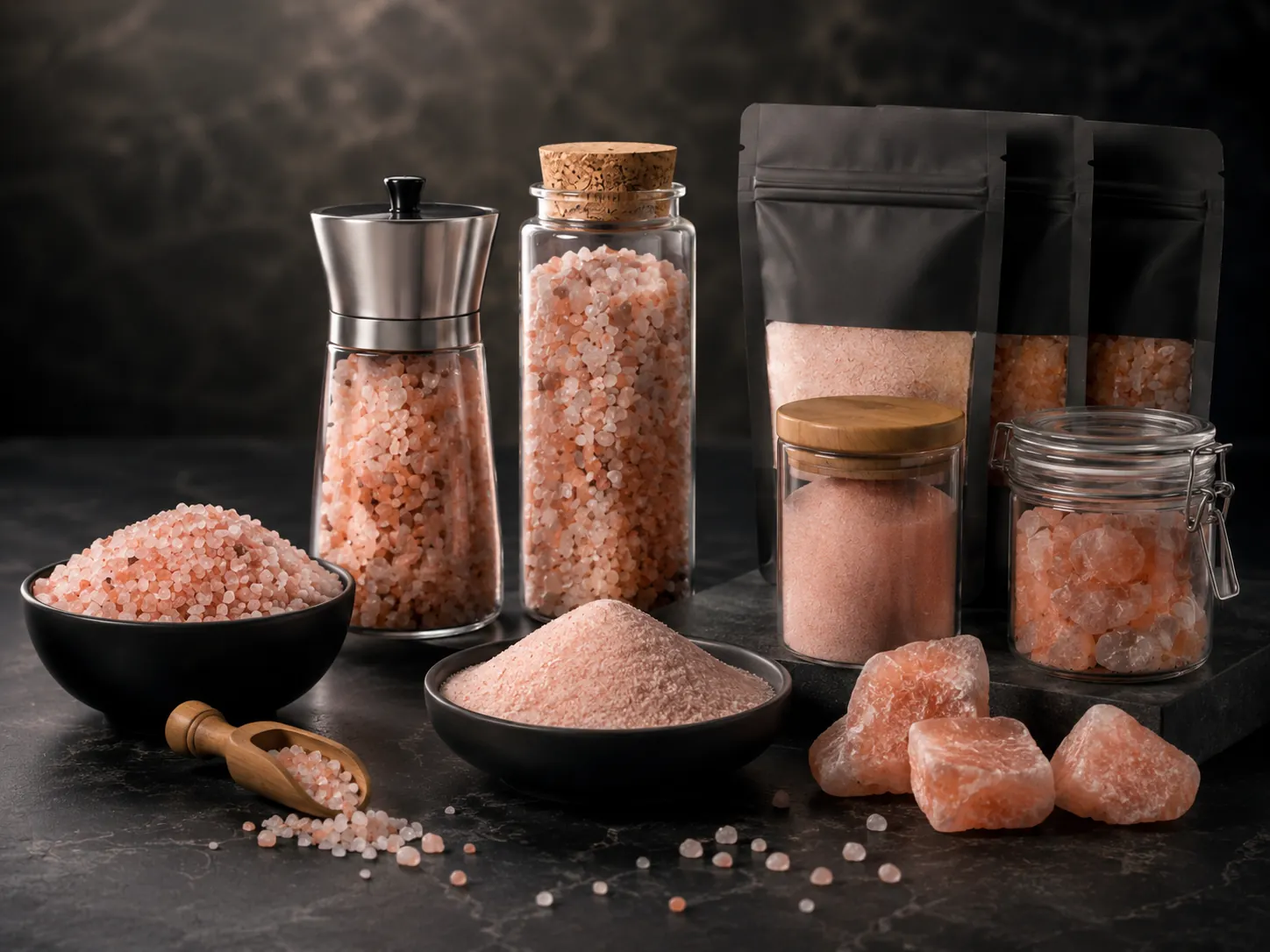 Edible Himalayan pink salt products in fine, coarse, and crystal formats